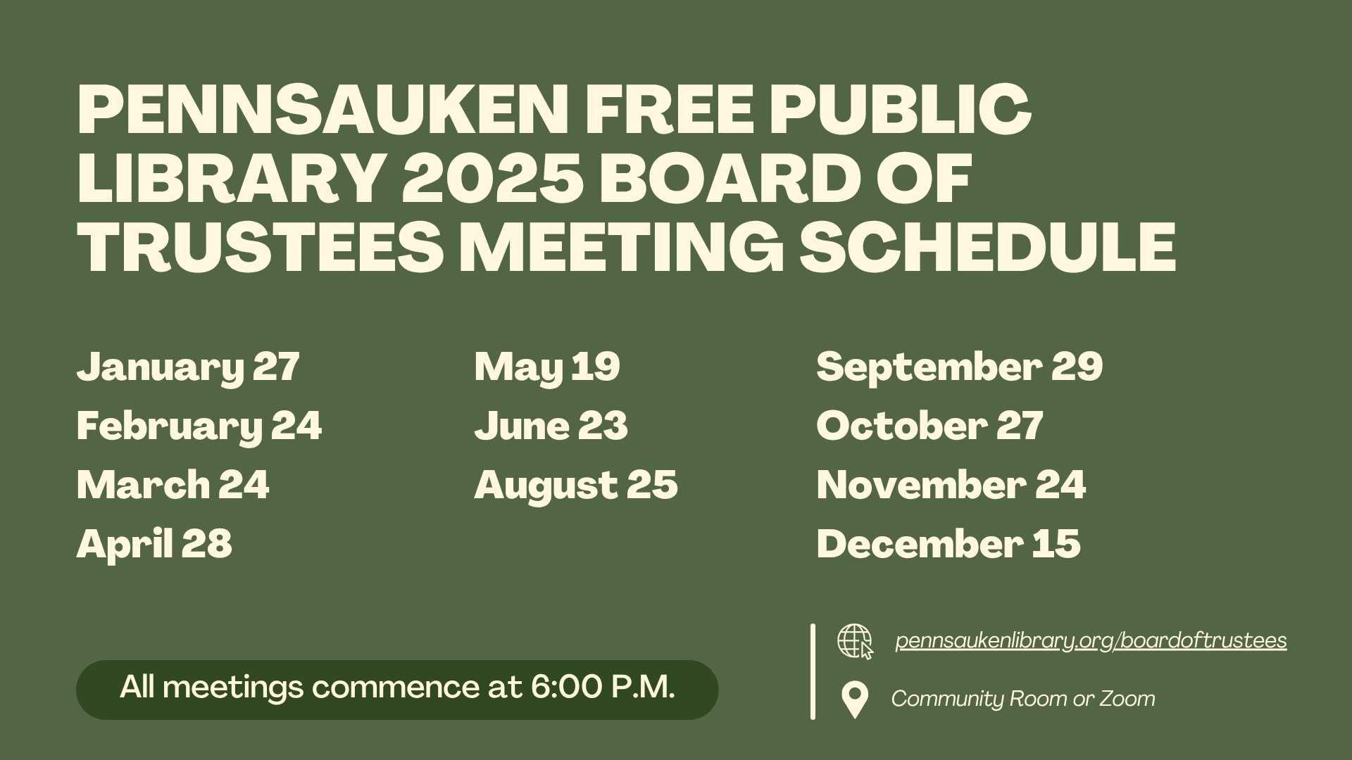 Board Meeting join either in person at the library or in Zoom.