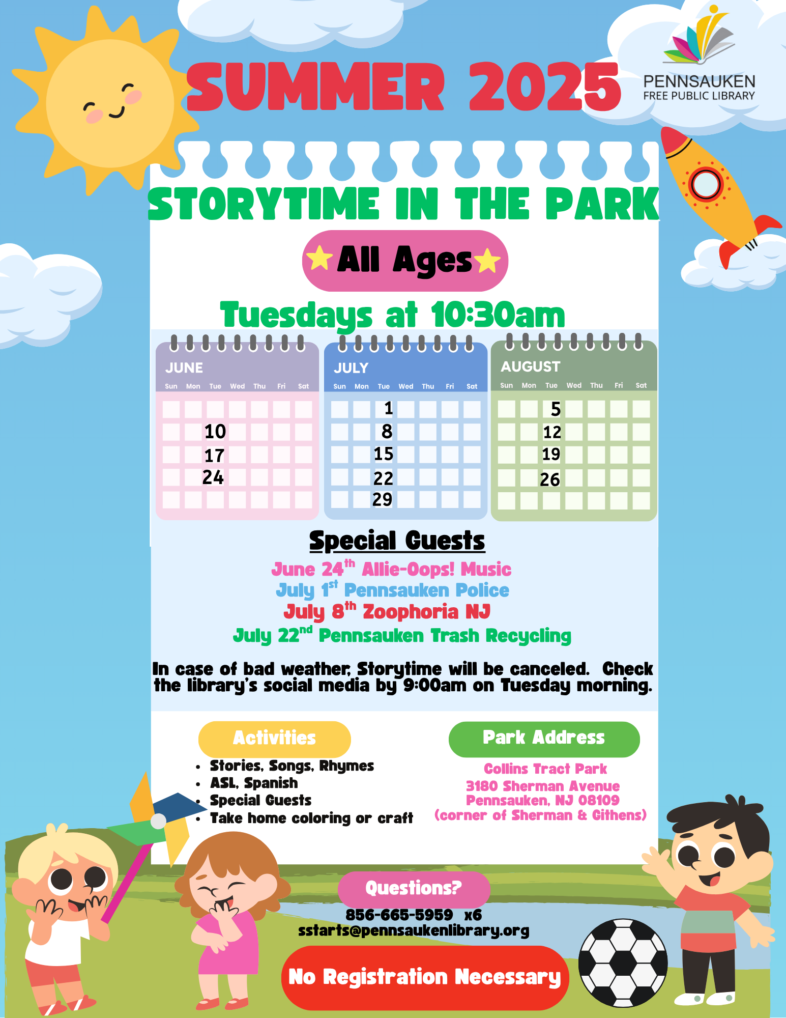 Storytime flyer showing that 06/10, 06/17, 06/24, 07/01, 07/08, 07/15, 07/22, 07/29, 08/05, 08/12, 08/19, 08/26